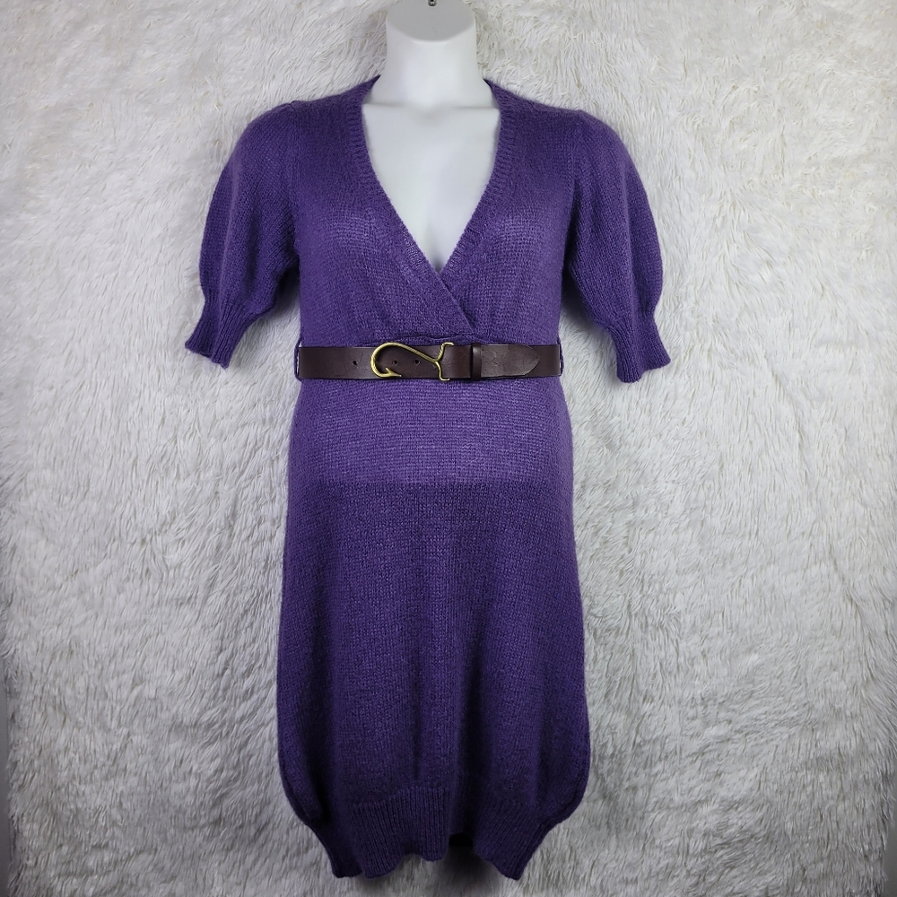 Sisley M/L Purple Mohair Blend Puff Sleeve Midi Bubble Hem Sweater Dress Luxury